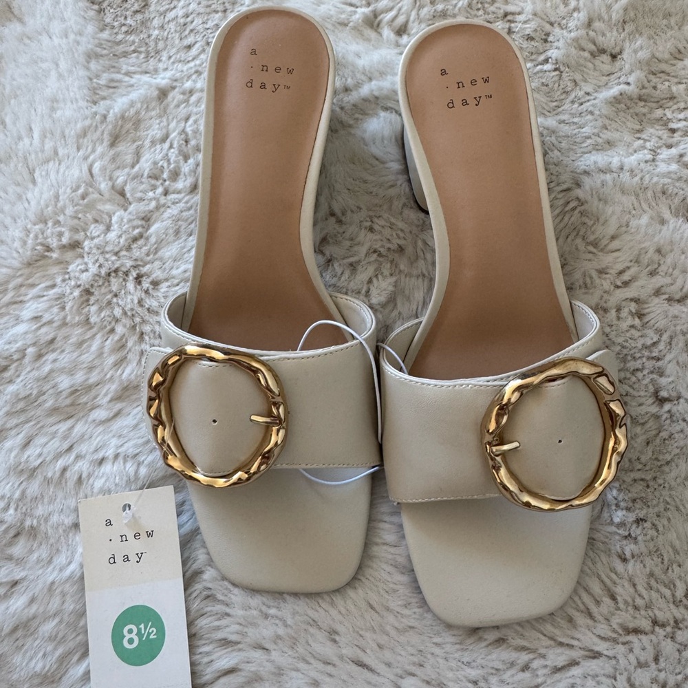 a new day Cream Slide Mules with Gold Buckle
